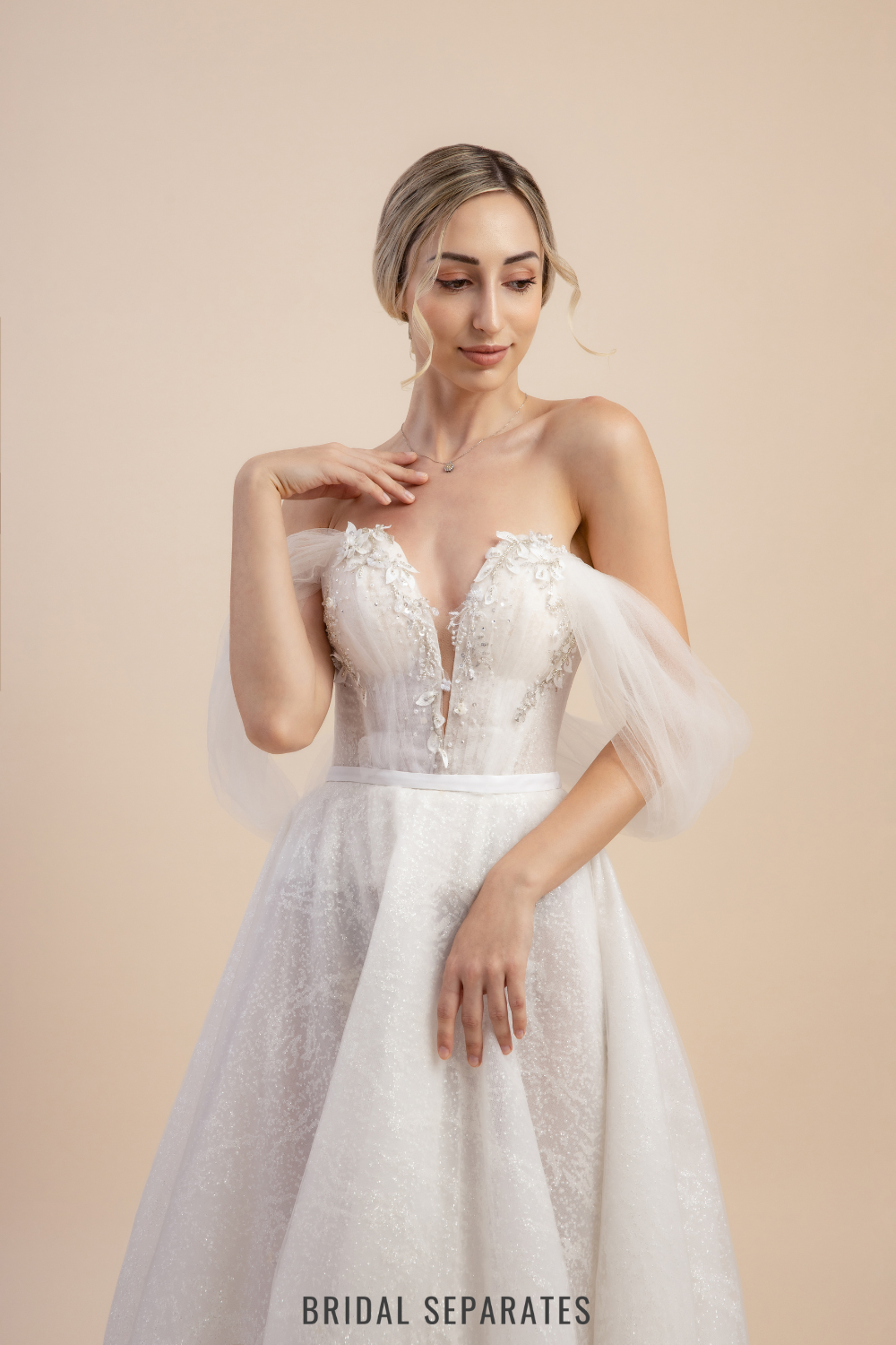 A-Line Wedding Dress with Off Shoulder Sleeves / "Anna"