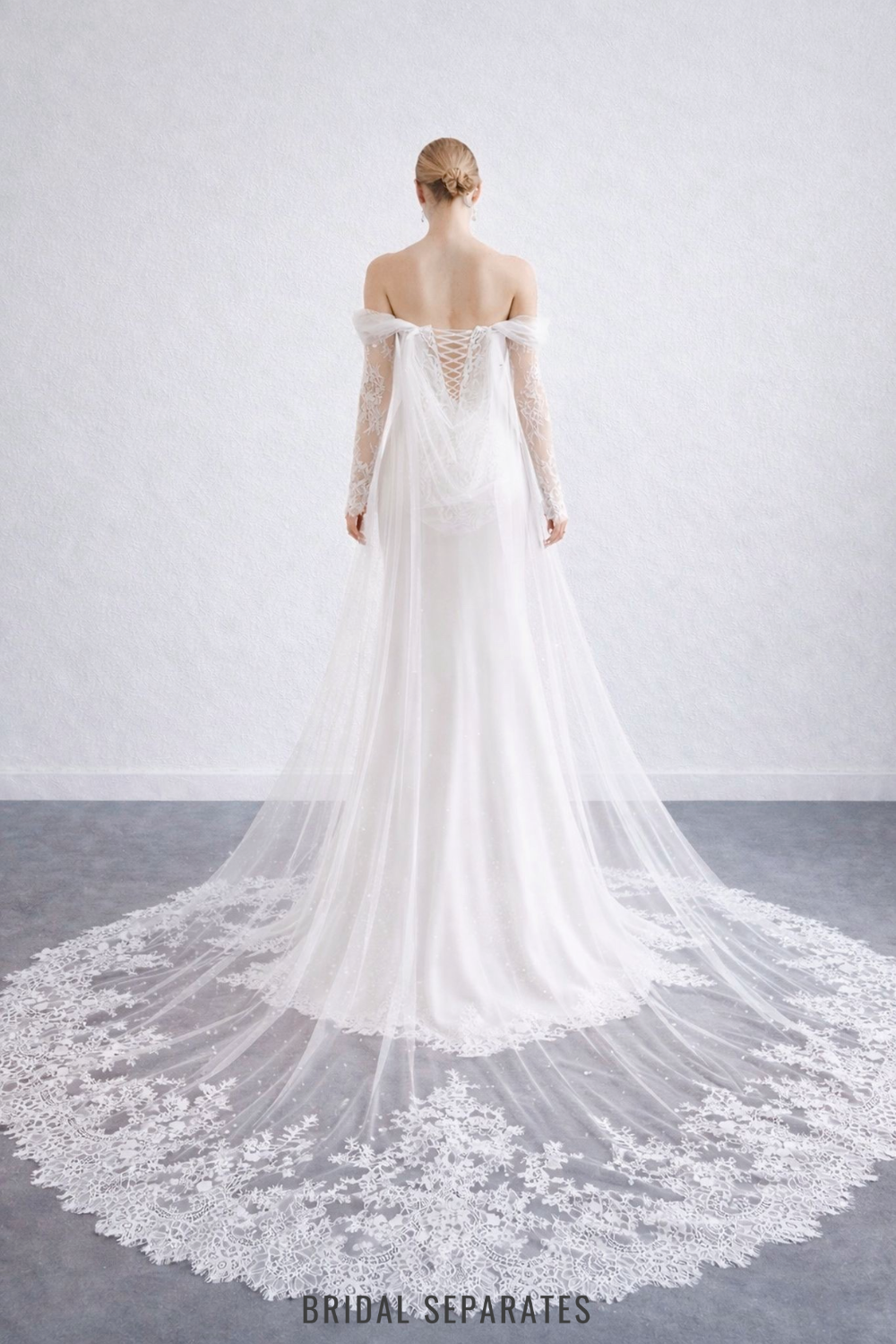 Detachable Off Shoulder Long Sleeves with Cathedral Cape Veil / "Lucie"