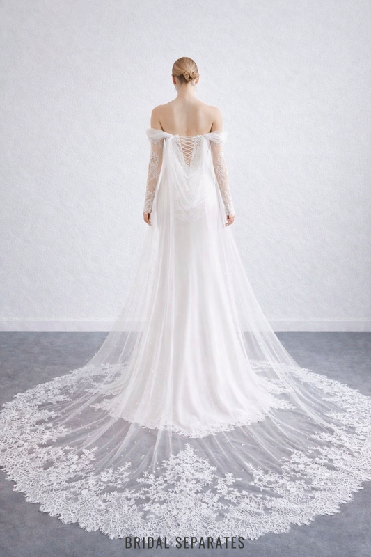 Detachable Off Shoulder Long Sleeves with Cathedral Cape Veil / "Lucie"