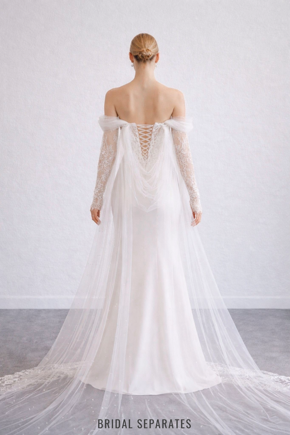 Detachable Off Shoulder Long Sleeves with Cathedral Cape Veil / "Lucie"