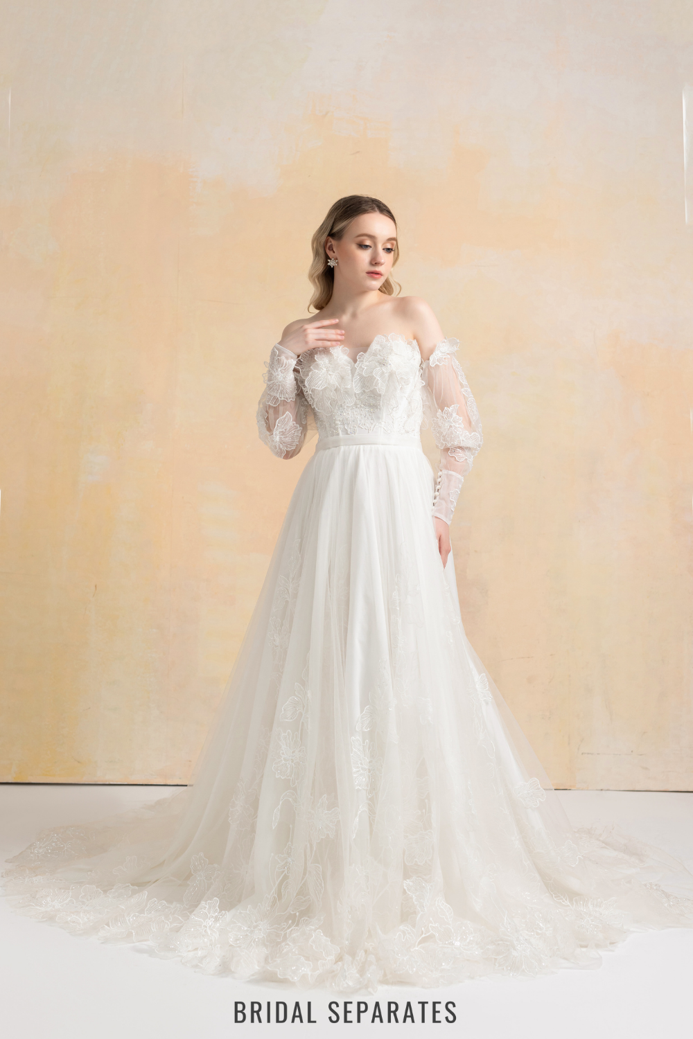 Couture Lace Ball Gown Wedding Dress with Detachable Sleeves / "Cristina"