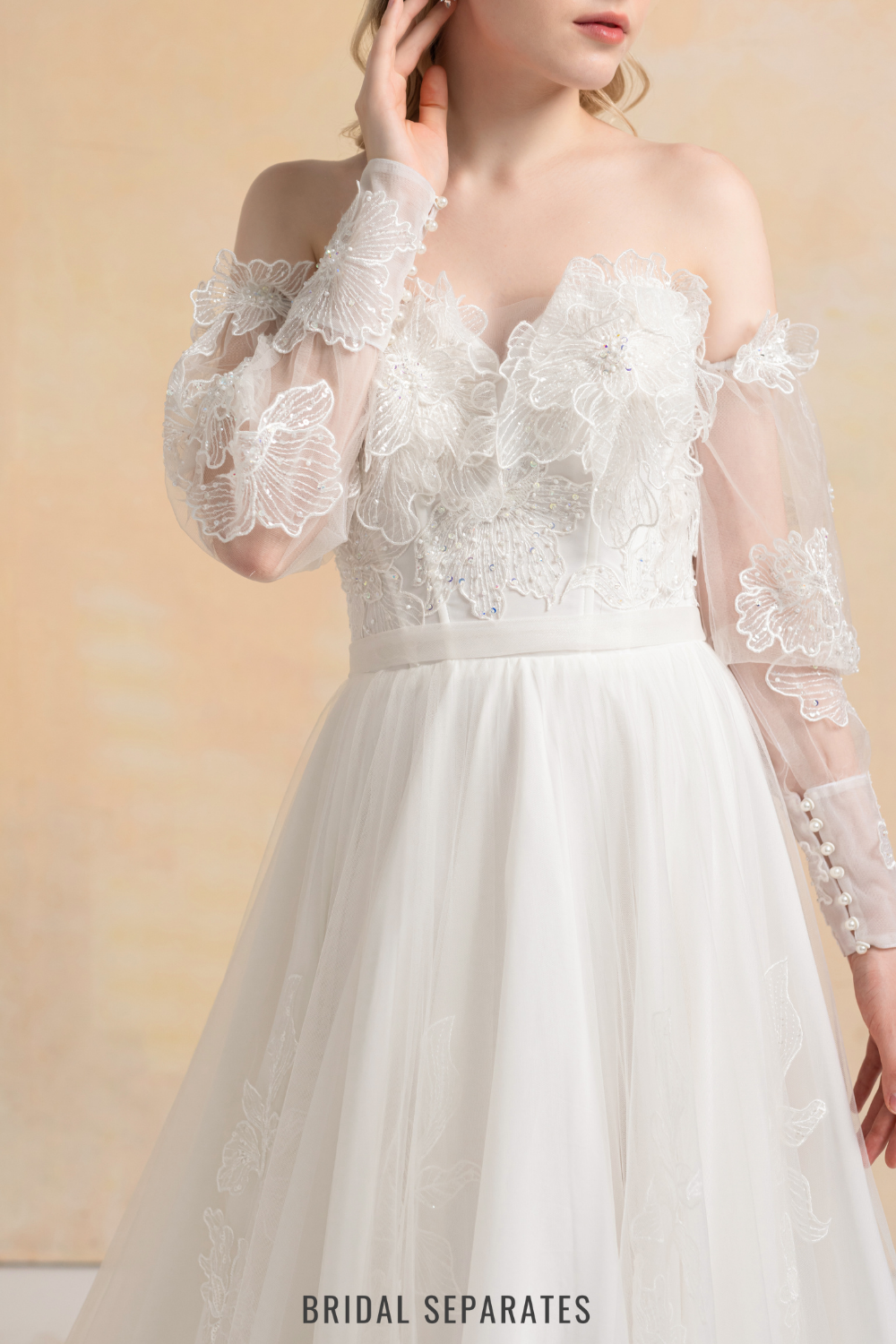 Couture Lace Ball Gown Wedding Dress with Detachable Sleeves / "Cristina"