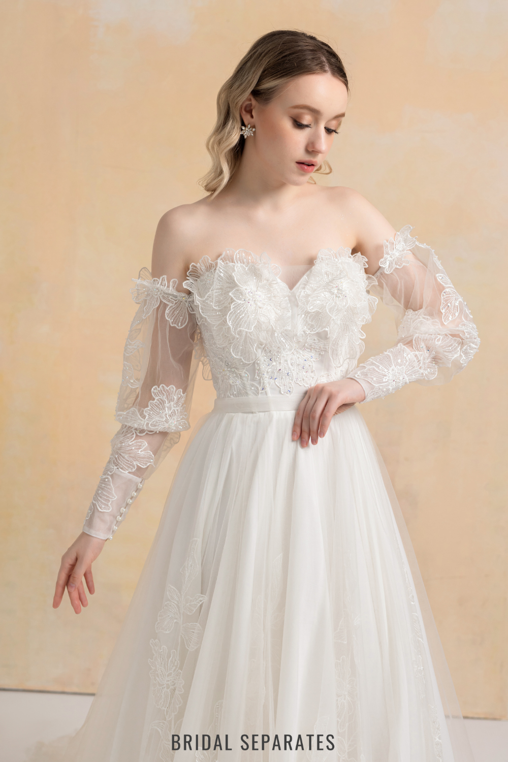 Couture Lace Ball Gown Wedding Dress with Detachable Sleeves / "Cristina"