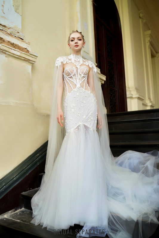 Mermaid Lace Wedding Dress with Cape / "Eudora"