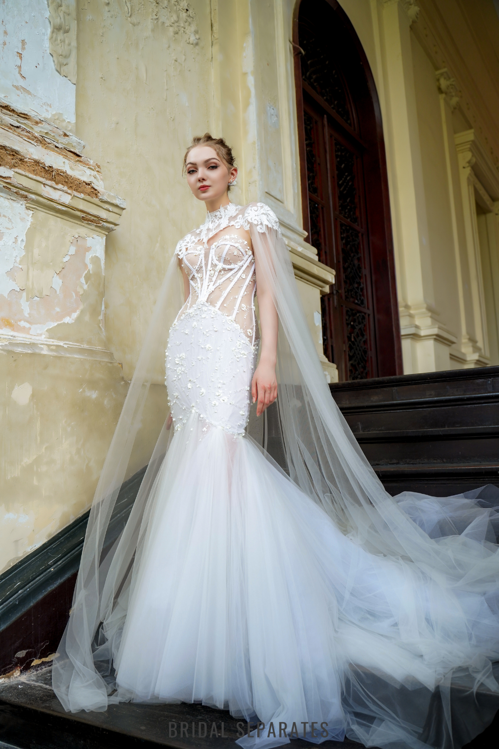 Mermaid Lace Wedding Dress with Cape / "Eudora"