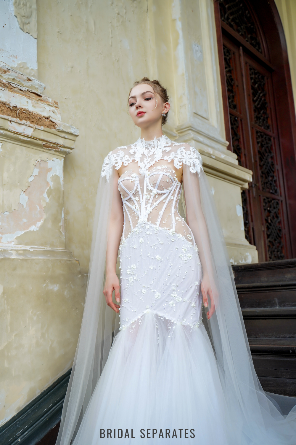 Mermaid Lace Wedding Dress with Cape / "Eudora"