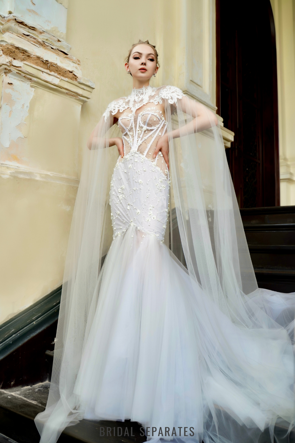 Mermaid Lace Wedding Dress with Cape / "Eudora"