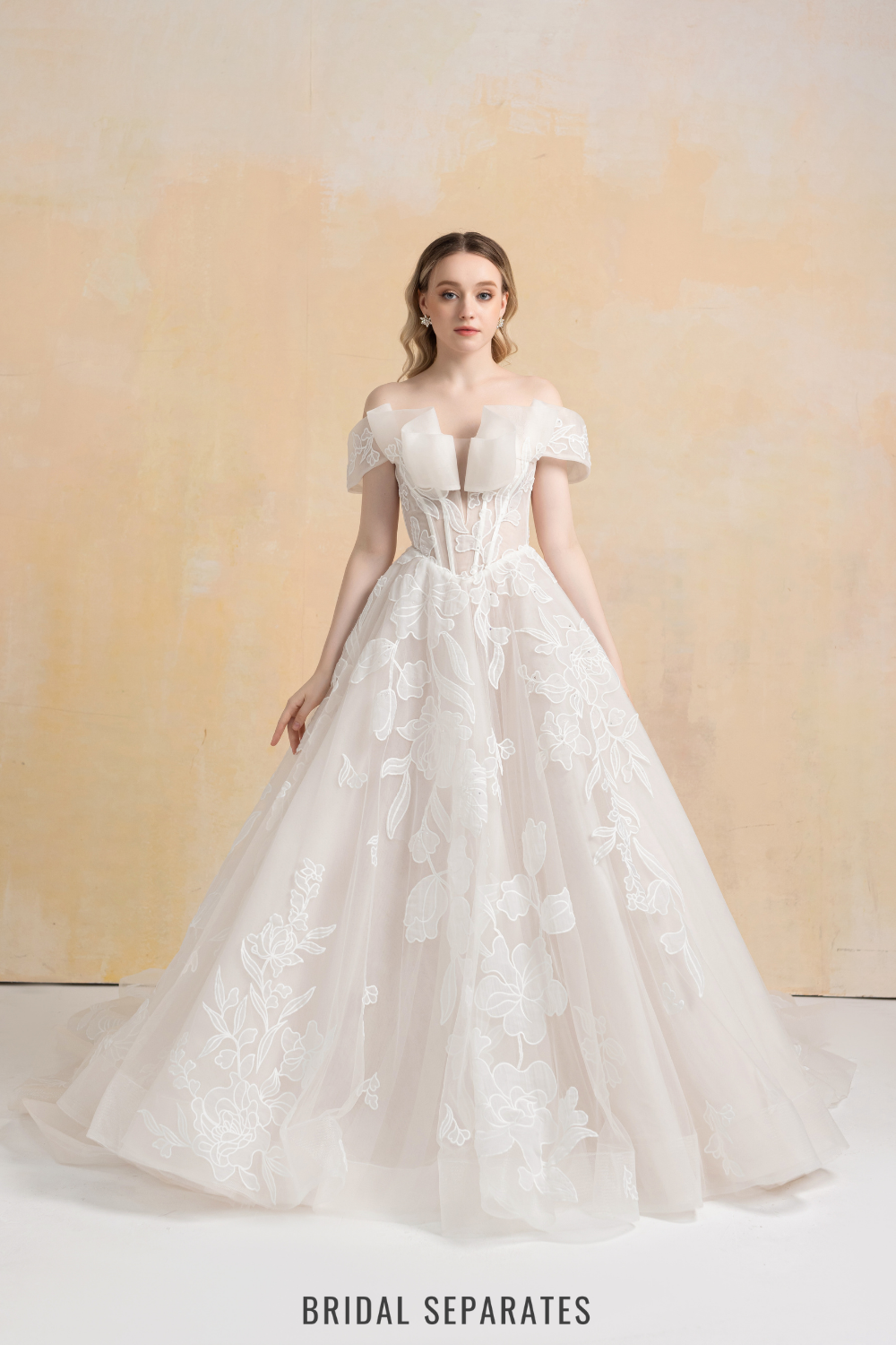 Off Shoulder Ball Gown Wedding Dress with Floral Lace / "Marina"