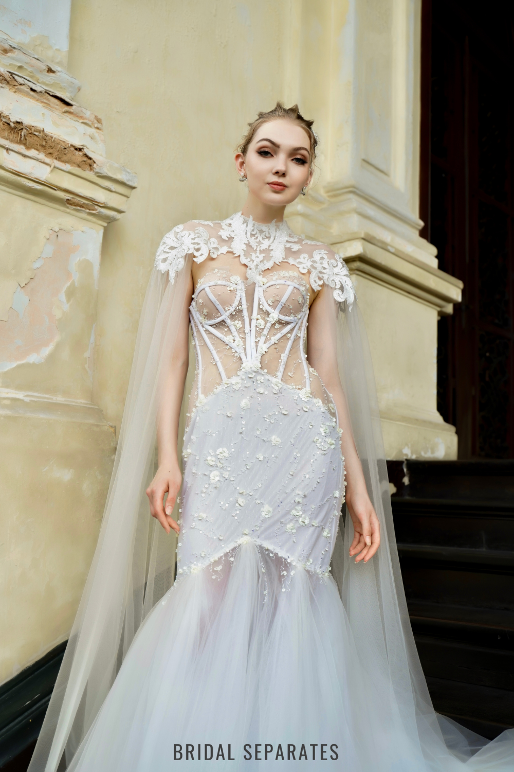 Mermaid Lace Wedding Dress with Cape / "Eudora"