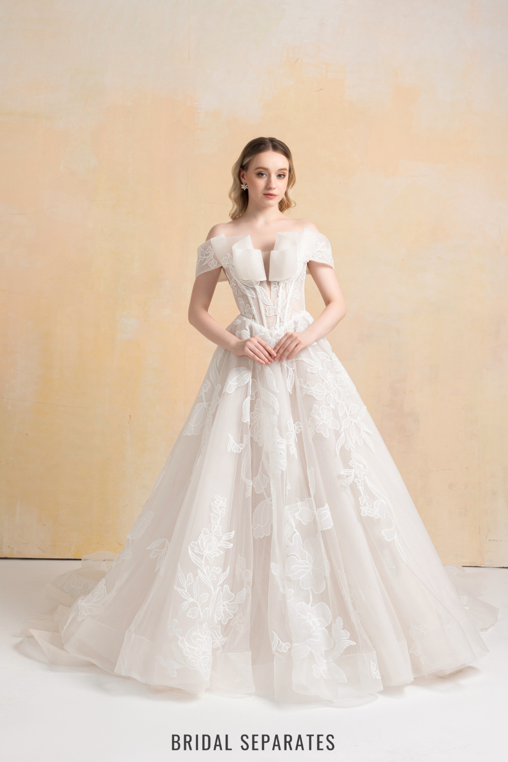 Off Shoulder Ball Gown Wedding Dress with Floral Lace / "Marina"