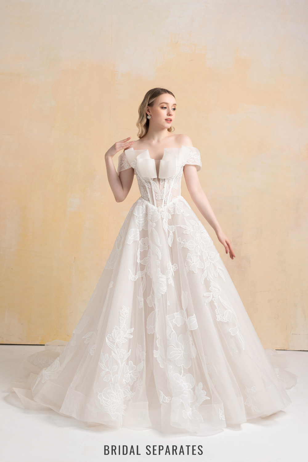 Off Shoulder Ball Gown Wedding Dress with Floral Lace / "Marina"