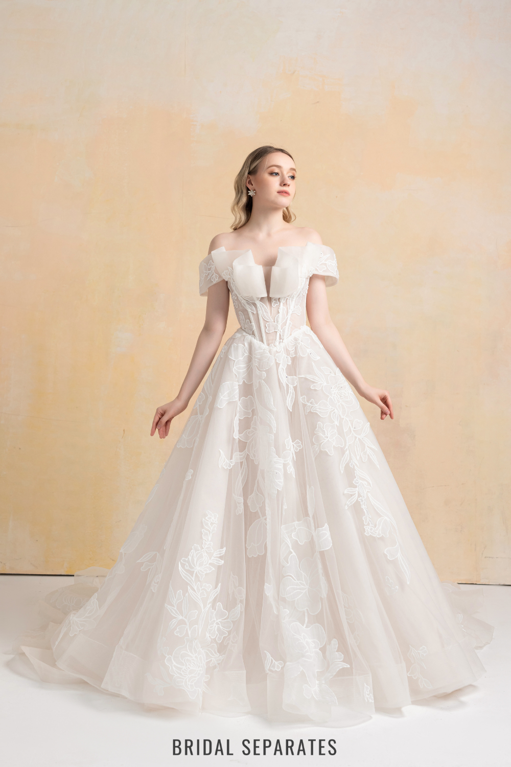 Off Shoulder Ball Gown Wedding Dress with Floral Lace / "Marina"