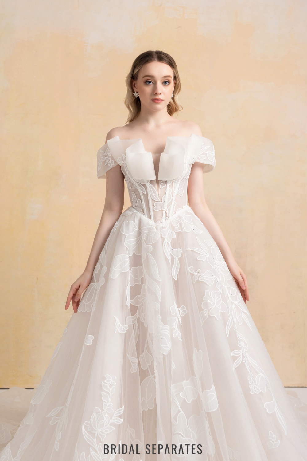 Off Shoulder Ball Gown Wedding Dress with Floral Lace / "Marina"