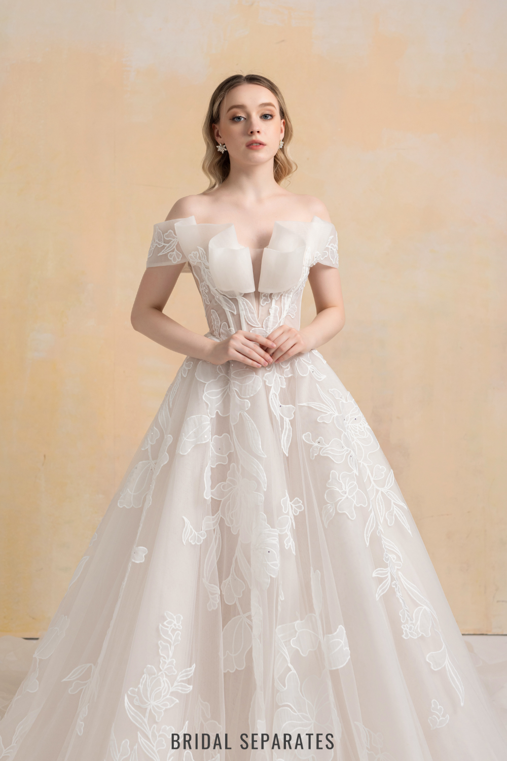 Off Shoulder Ball Gown Wedding Dress with Floral Lace / "Marina"