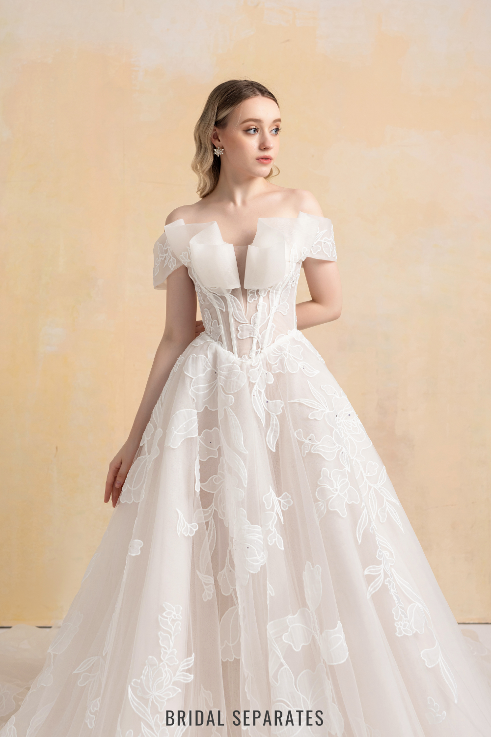 Off Shoulder Ball Gown Wedding Dress with Floral Lace / "Marina"