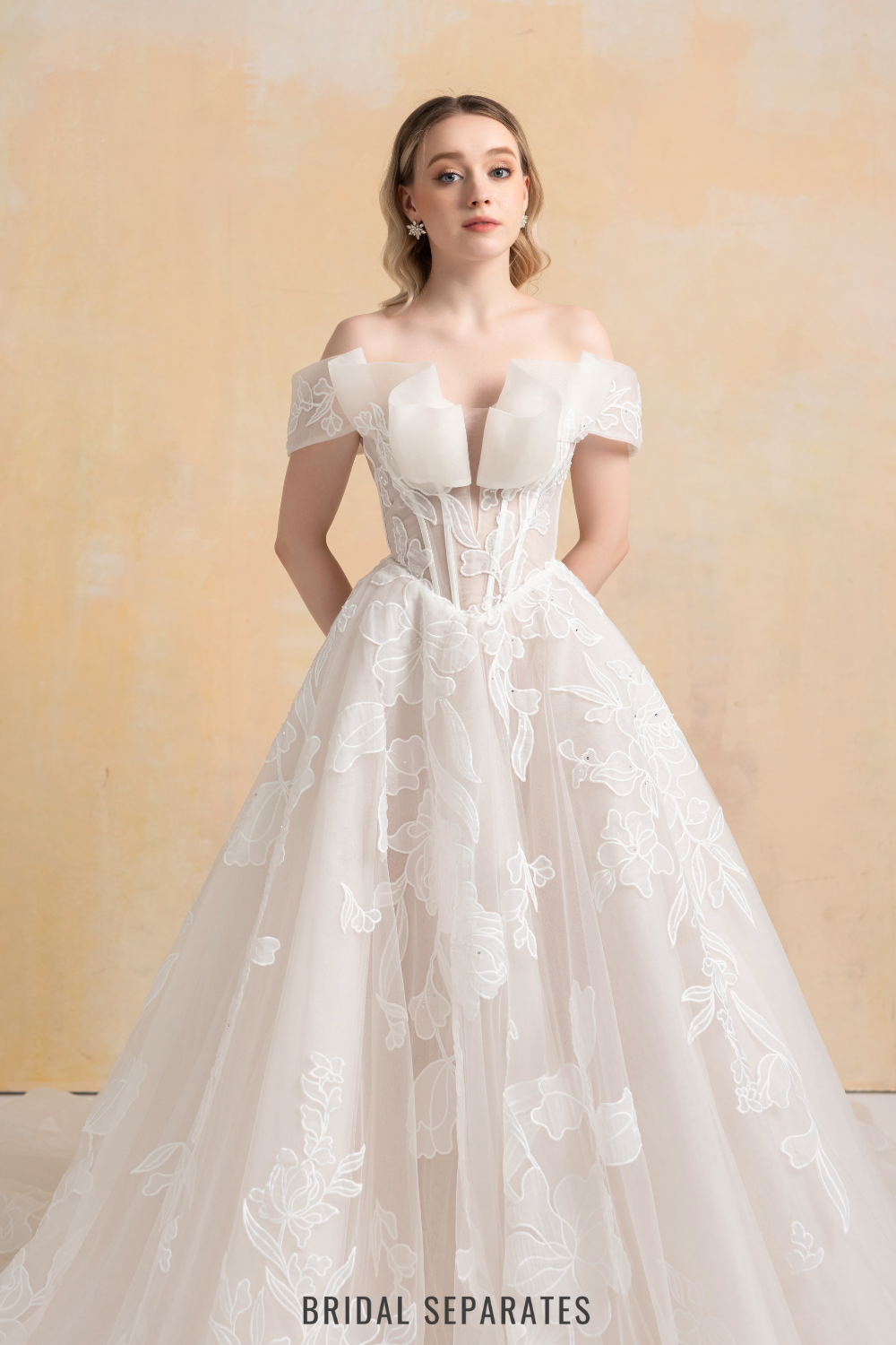 Off Shoulder Ball Gown Wedding Dress with Floral Lace / "Marina"