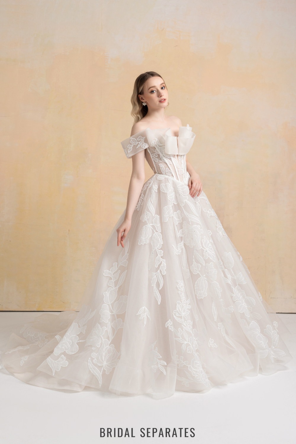 Off Shoulder Ball Gown Wedding Dress with Floral Lace / "Marina"