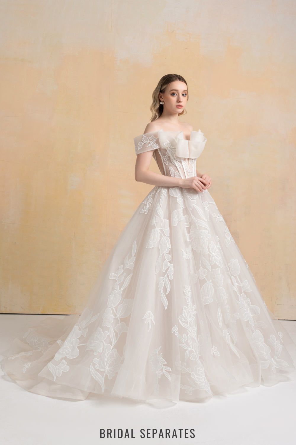 Off Shoulder Ball Gown Wedding Dress with Floral Lace / "Marina"