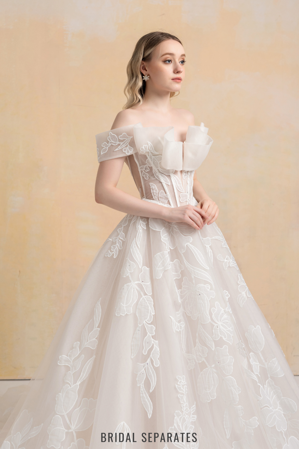 Off Shoulder Ball Gown Wedding Dress with Floral Lace / "Marina"