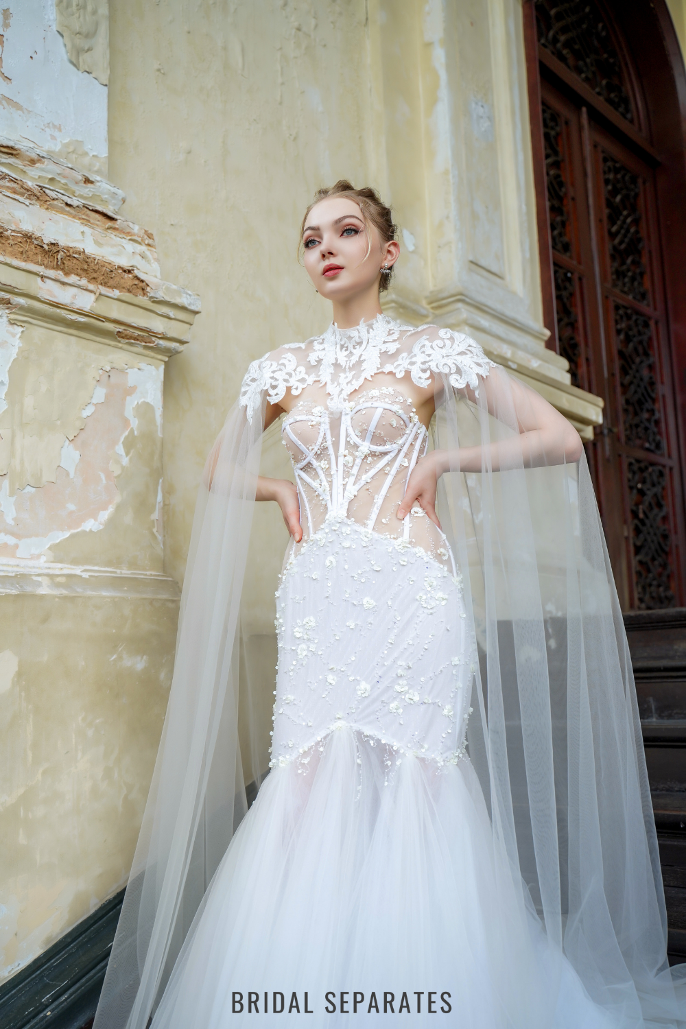 Mermaid Lace Wedding Dress with Cape / "Eudora"