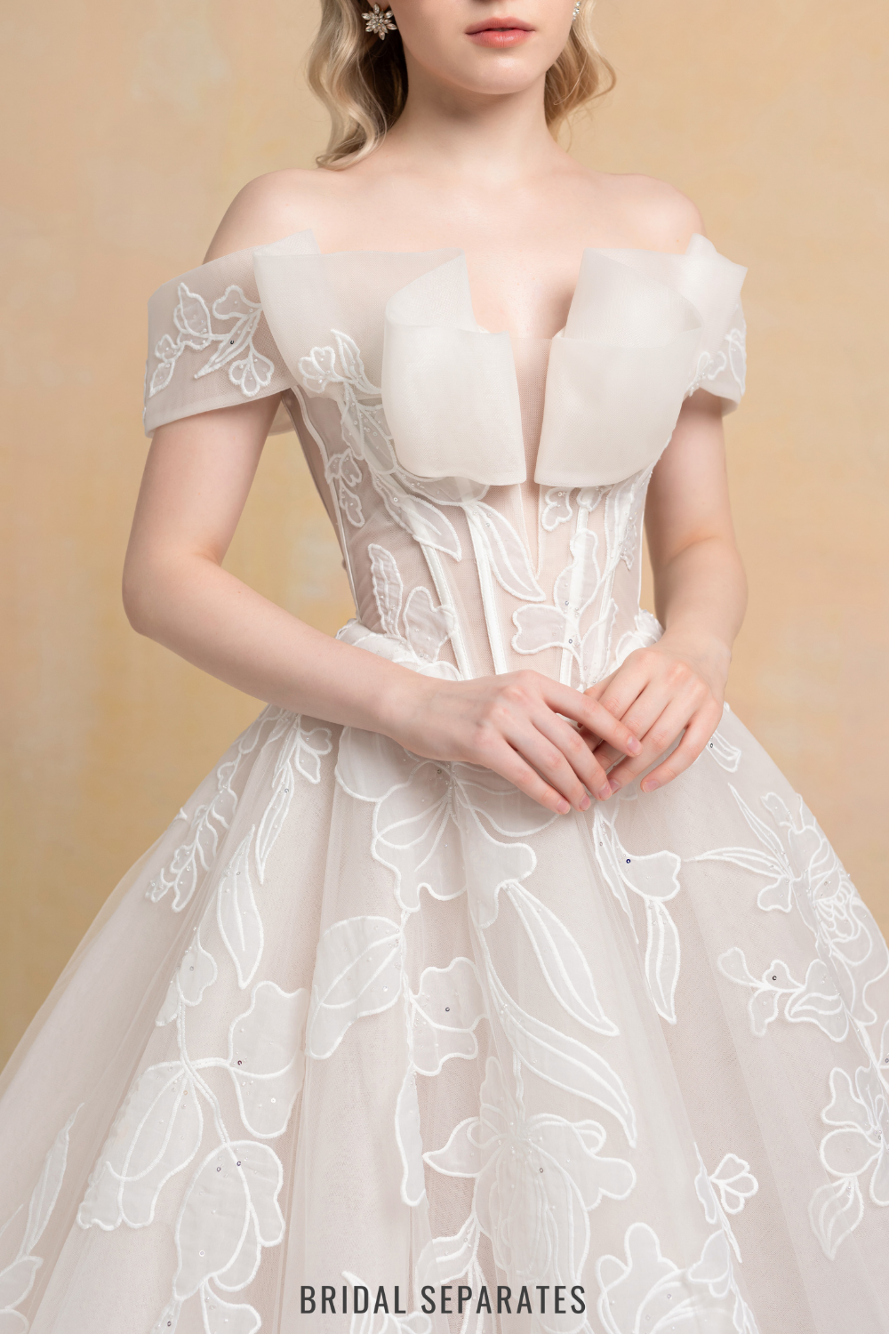 Off Shoulder Ball Gown Wedding Dress with Floral Lace / "Marina"