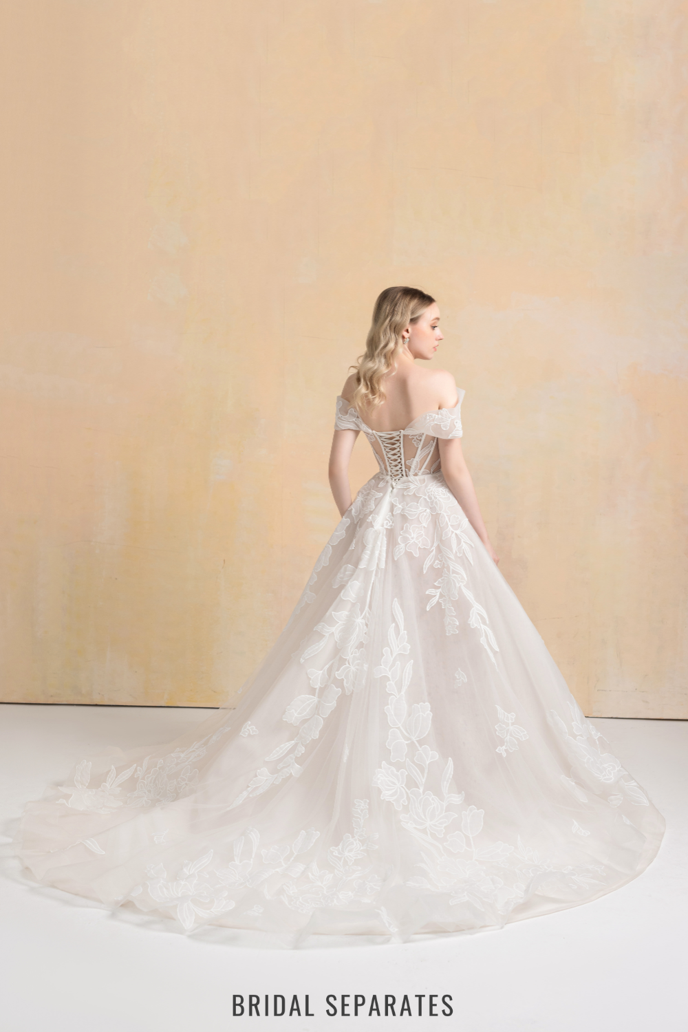 Off Shoulder Ball Gown Wedding Dress with Floral Lace / "Marina"