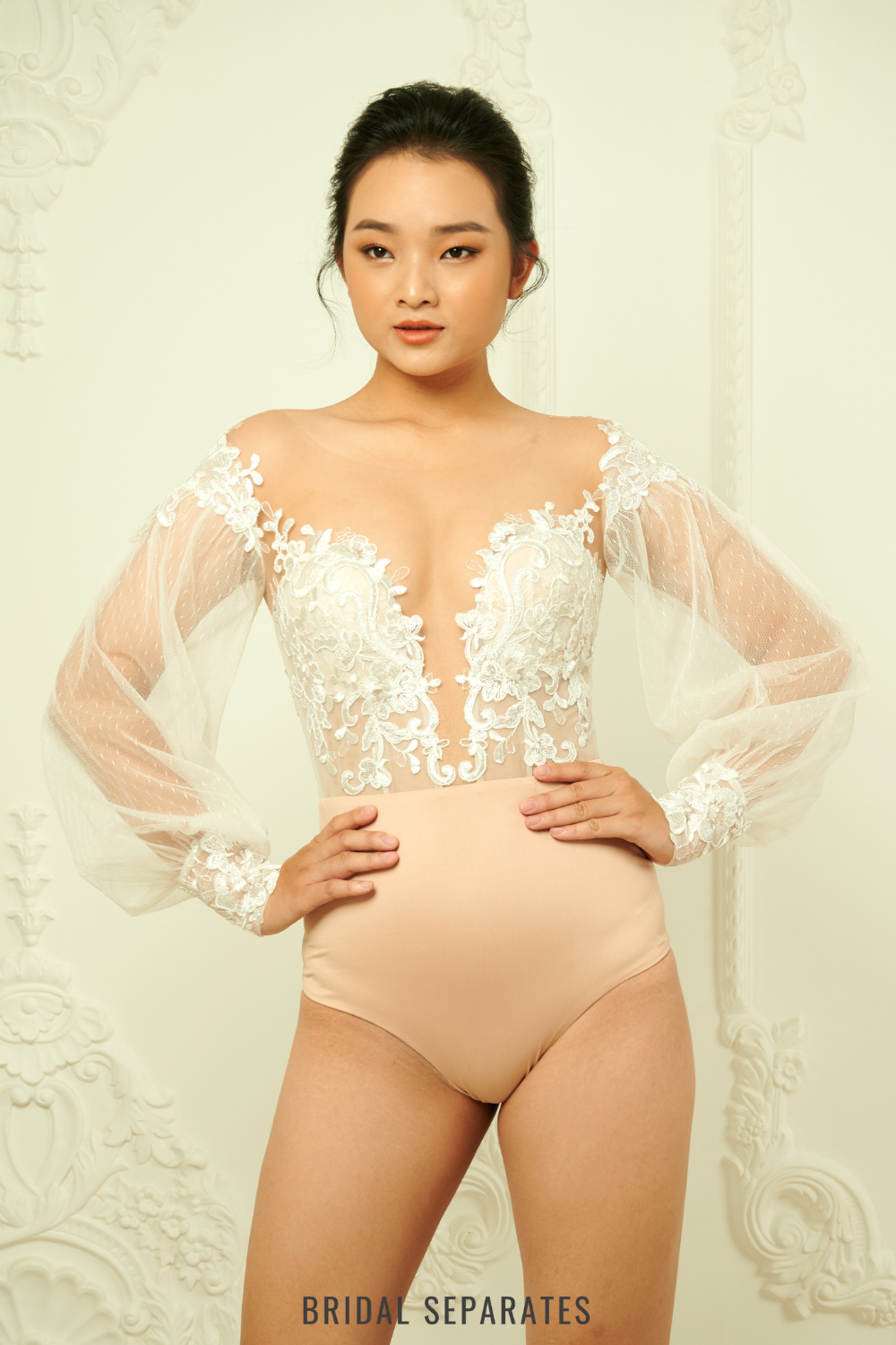 Long Sleeves and Plunging Neckline Bridal Bodysuit / "Maika"